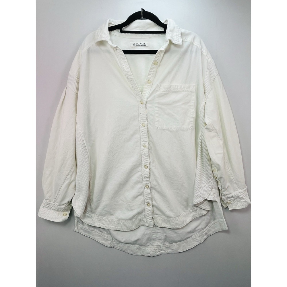 We The Free All Day Waffle Button Down Ivory Oversized Cotton Shirt Sz S Beach
